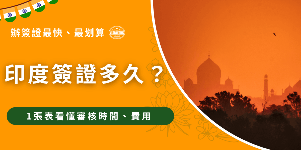 畫面左側以橙色背景搭配白色大字，寫著「印度簽證多久？」並附上「1張表看懂審核時間、費用」的提示，清楚點出主題。右側背景是印度泰姬瑪哈陵（Taj Mahal）剪影，夕陽餘暉映照下顯得莊嚴神秘，象徵印度旅遊的文化氛圍。整體設計以亮眼橙色為主，搭配簽證王標誌，凸顯專業代辦形象，適合作為介紹印度簽證時效與辦理時間文章的首圖。